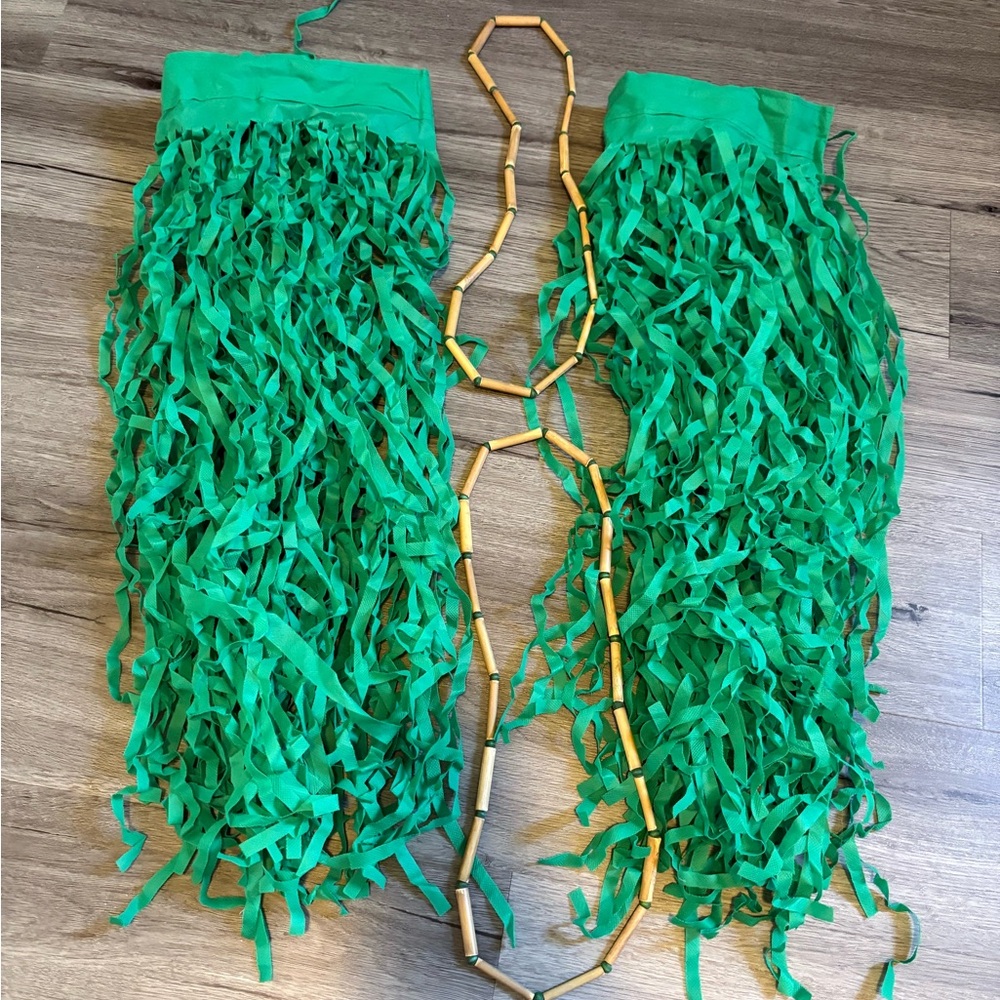 2 Green Grass hula Skirts with Wooden Bead Necklaces